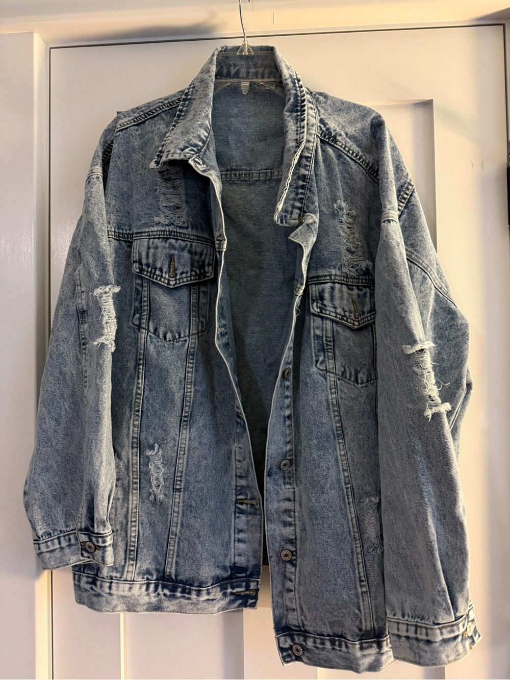 Oversized Distressed Light Blue Denim Jacket for Women